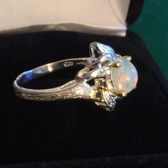 Amazing Genuine  Fiery Opal Ring with Sapphires - Picture 8 of 11
